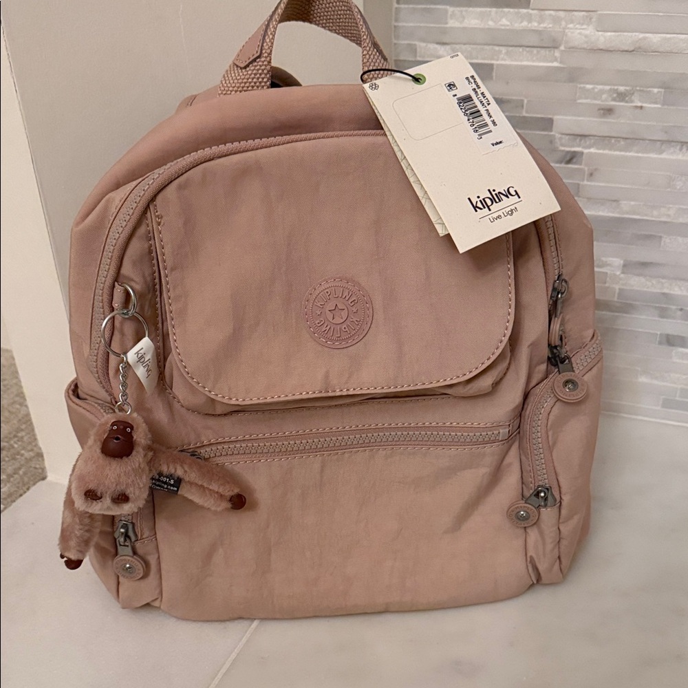 Kipling Blush Pink Mini Backpack with Monkey Keyc… - image 1